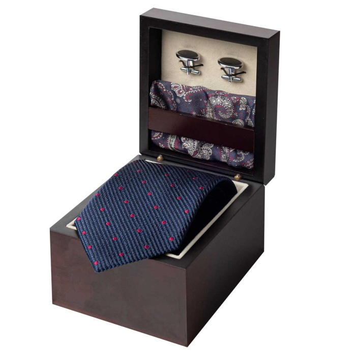 Zestaw Prezentowy dla mężczyzny wykonany z jedwabiu w kolorze granatowo - różowym: krawat + poszetka + spinki zapakowane w drewniane pudełko EM 35