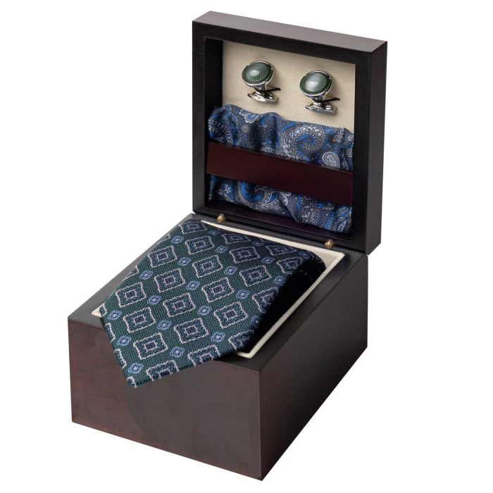 Zestaw Prezentowy dla mężczyzny wykonany z jedwabiu w kolorze niebiesko - zielonym: krawat + poszetka + spinki zapakowane w drewniane pudełko EM 35