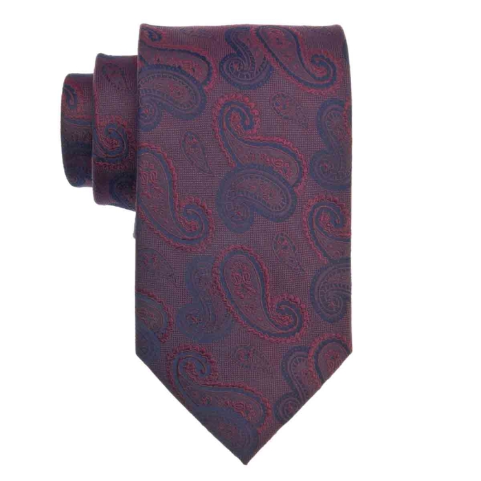 Zestaw Prezentowy dla mężczyzny wykonany z jedwabiu w kolorze bordowo - granatowym: krawat + poszetka + spinki zapakowane w drewniane pudełko EM 35