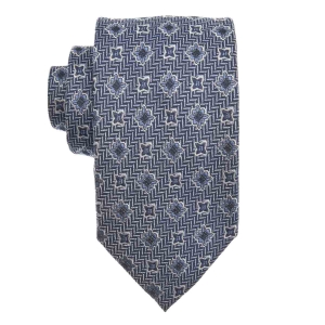 Zestaw Prezentowy dla mężczyzny wykonany z jedwabiu w kolorze granatowo - brązowym: krawat + poszetka + spinki zapakowane w drewniane pudełko EM 35