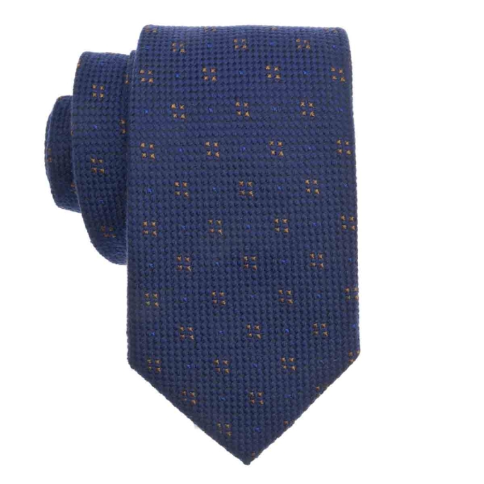 Zestaw Prezentowy dla mężczyzny wykonany z jedwabiu w kolorze granatowo - pomarańczowym: krawat + poszetka + spinki zapakowane w drewniane pudełko EM 35