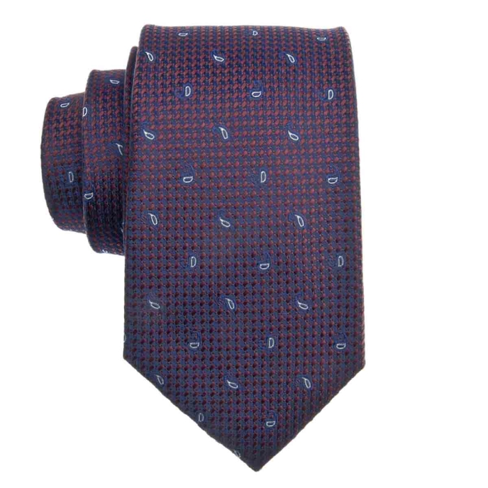 Zestaw Prezentowy dla mężczyzny wykonany z jedwabiu w kolorze bordowo - niebieskim: krawat + poszetka + spinki zapakowane w drewniane pudełko EM 35