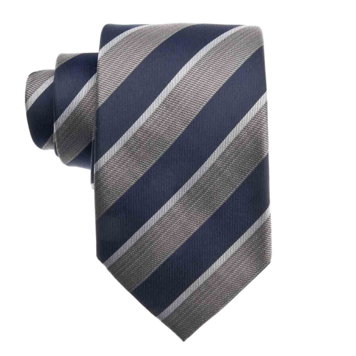 Zestaw Prezentowy dla mężczyzny wykonany z jedwabiu w kolorze granatowo - beżowym: krawat + poszetka + spinki zapakowane w drewniane pudełko EM 35