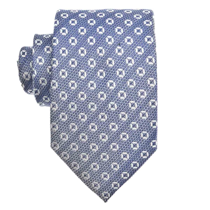 Zestaw Prezentowy dla mężczyzny wykonany z jedwabiu w kolorze niebiesko - białym: krawat + poszetka + spinki zapakowane w drewniane pudełko EM 35