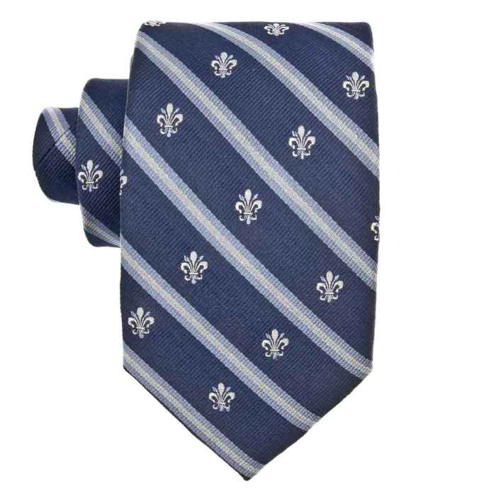 Zestaw Prezentowy dla mężczyzny wykonany z jedwabiu w kolorze granatowo - srebrnym: krawat + poszetka + spinki zapakowane w drewniane pudełko EM 35