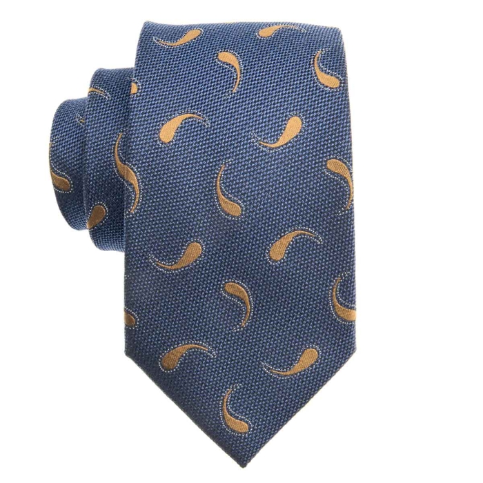 Zestaw Prezentowy dla mężczyzny wykonany z jedwabiu w kolorze granatowo - złotym: krawat + poszetka + spinki zapakowane w drewniane pudełko EM 35