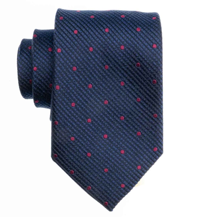 Zestaw Prezentowy dla mężczyzny wykonany z jedwabiu w kolorze granatowo - różowym: krawat + poszetka + spinki zapakowane w drewniane pudełko EM 35