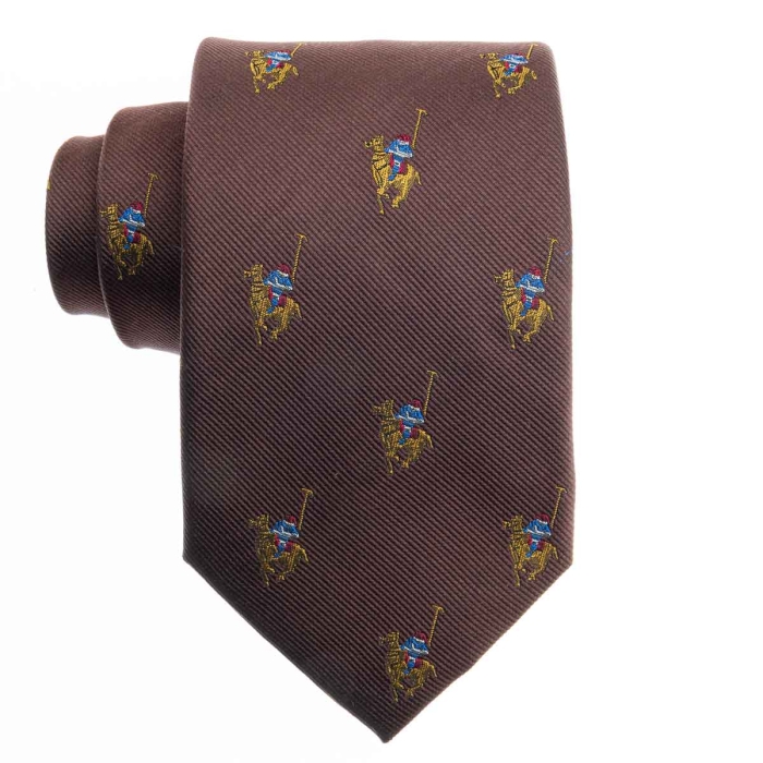 Zestaw Prezentowy dla mężczyzny wykonany z jedwabiu w kolorze brązowo - beżowym: krawat + poszetka + spinki zapakowane w drewniane pudełko EM 35