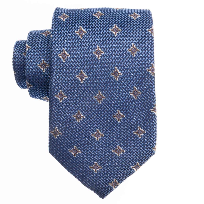 Zestaw Prezentowy dla mężczyzny wykonany z jedwabiu w kolorze niebiesko - bordowym: krawat + poszetka + spinki zapakowane w drewniane pudełko EM 35