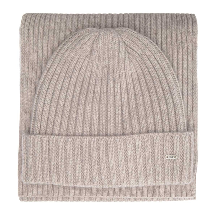 Zestaw prezentowy dla mężczyzny w kolorze beżowym: komplet czapka + szalik zapakowane w pudełko EM PREMIUM