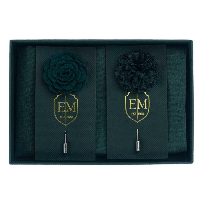 Zestaw prezentowy kolor butelkowa zieleń: bawełniana poszetka + dwie szpilki do butonierki