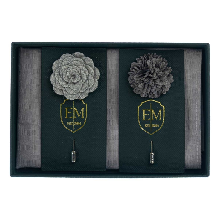 Zestaw prezentowy kolor szary: bawełniana poszetka + dwie szpilki do butonierki