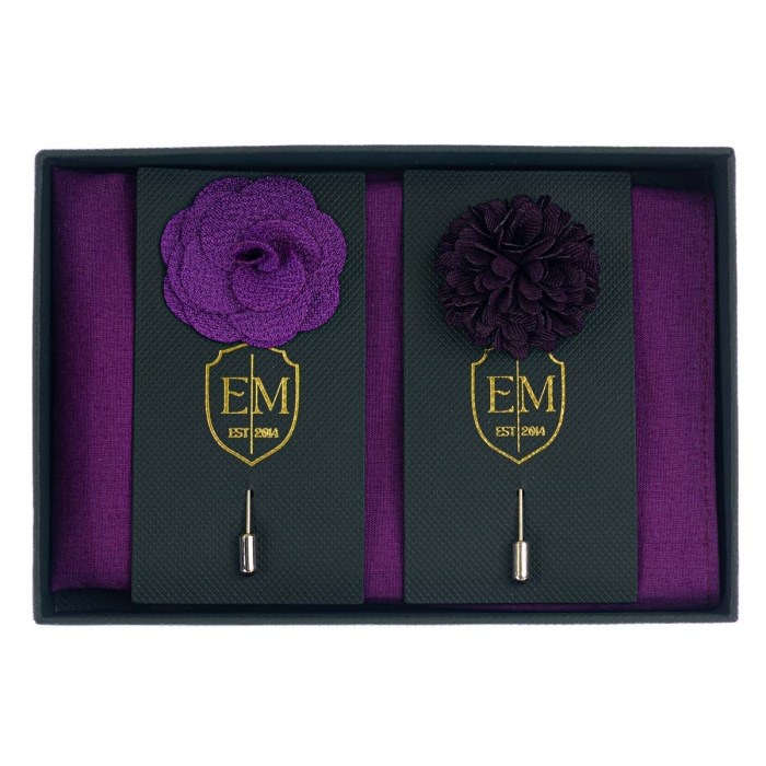 Zestaw prezentowy kolor fioletowy: bawełniana poszetka + dwie szpilki do butonierki