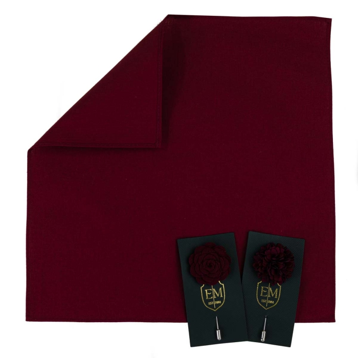 Zestaw prezentowy kolor bordowy: bawełniana poszetka + dwie szpilki do butonierki