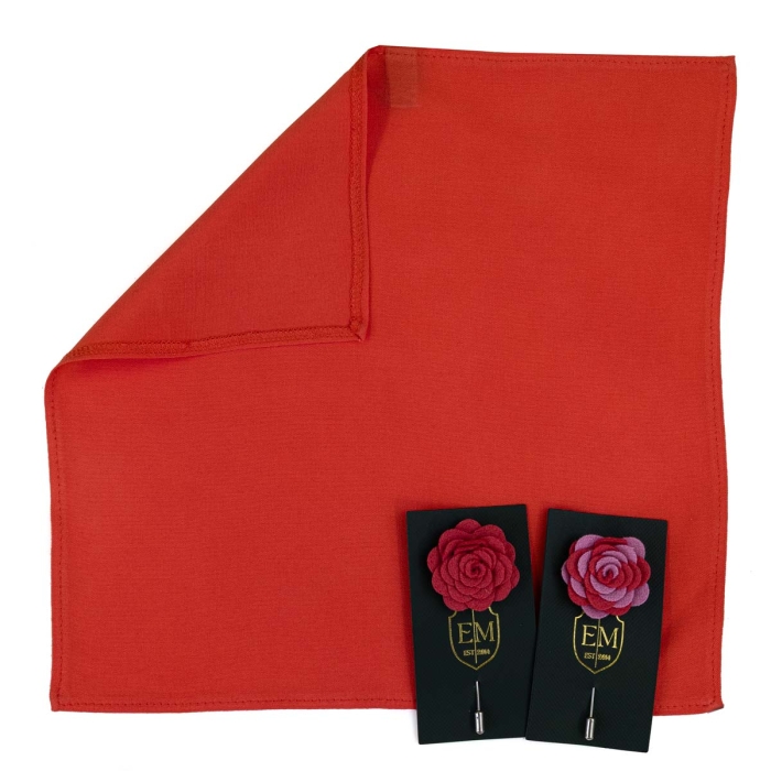 Zestaw prezentowy kolor koralowy: bawełniana poszetka + dwie szpilki do butonierki