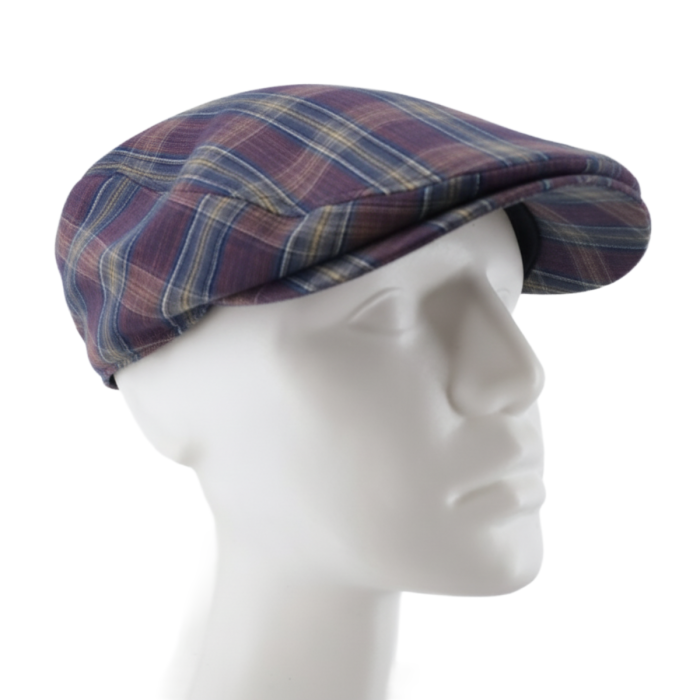 Kaszkiet lniany w bordowo - granatową kratę EM