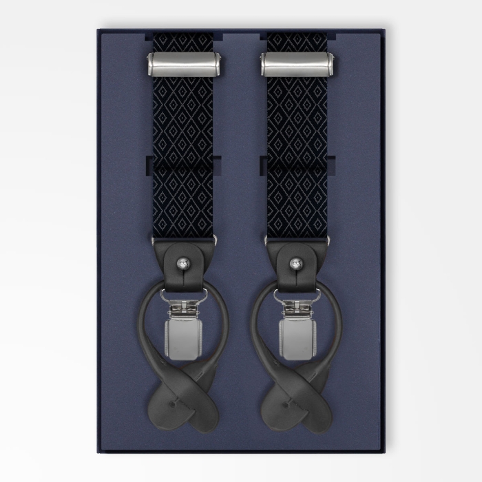 Szelki w jodełkę zapinane na guziki z wykończeniem skórzanym w kolorze czarnym EM