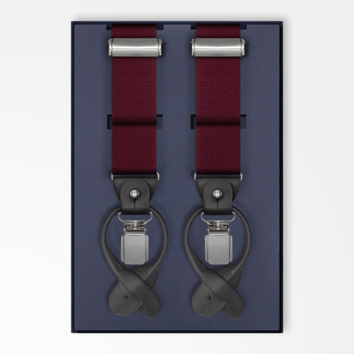 Szelki zapinane na guziki bordowe gładkie z wykończeniem skórzanym 12