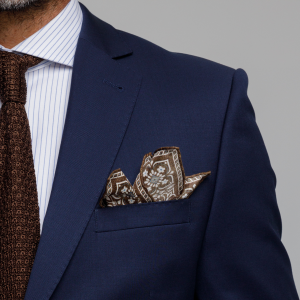 Poszetka jedwabna elegancka brązowo - niebieska we wzory i kwiatki EM PREMIUM