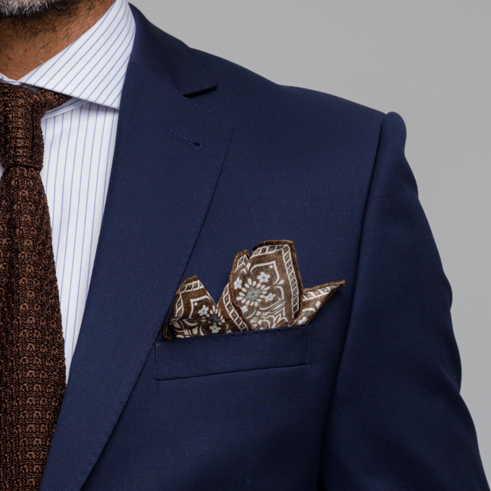 Poszetka jedwabna elegancka brązowo - niebieska we wzory i kwiatki EM PREMIUM