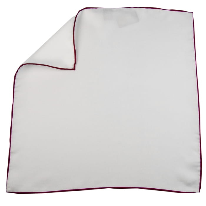 Poszetka jedwabna biała bordowe obszycie