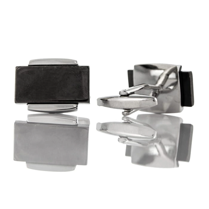 EM Men's Accessories srebrne spinki do mankietów prostokątne czarne.jpg